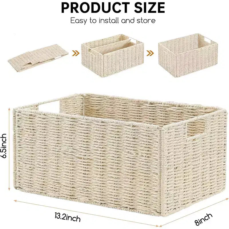Lot de 4 paniers de rangement pliables, bacs de rangement tressés en corde de papier avec poignées pour étagères de maison, garde-manger, cuisine, salle de bain, salon