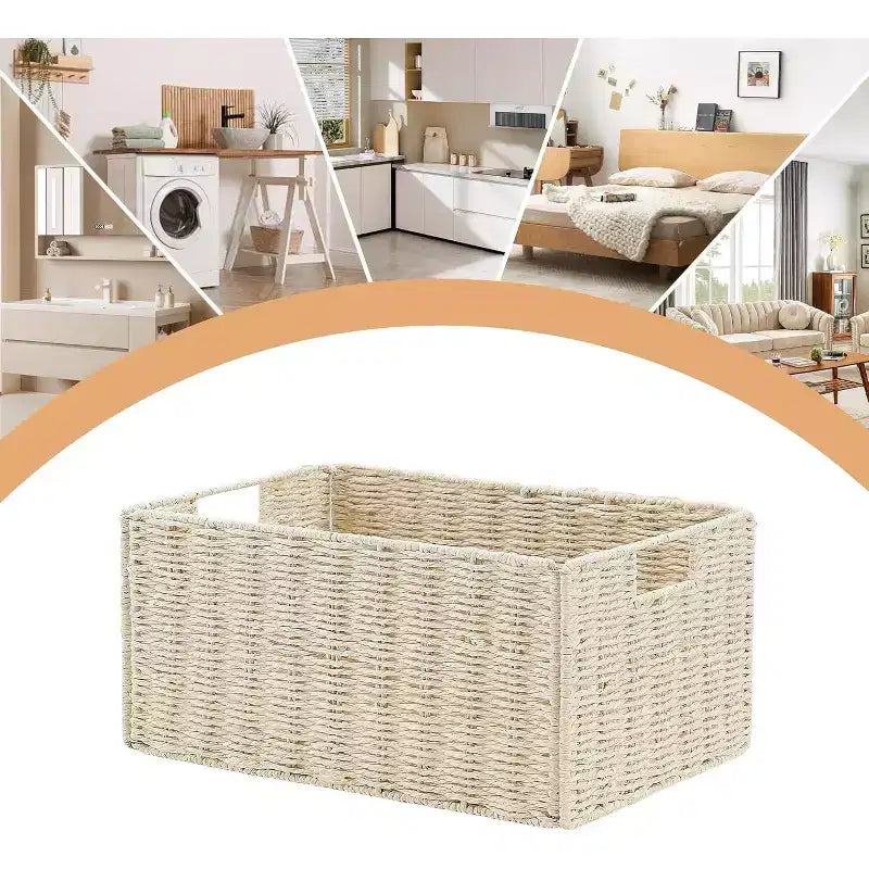 Lot de 4 paniers de rangement pliables, bacs de rangement tressés en corde de papier avec poignées pour étagères de maison, garde-manger, cuisine, salle de bain, salon