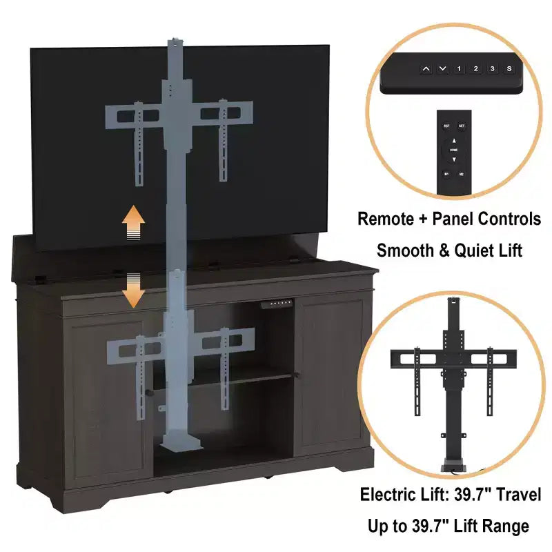 Meuble TV lift GDLF, meuble TV motorisé escamotable pour téléviseurs de 55 à 65 pouces avec rangement et télécommande, Noyer moderne