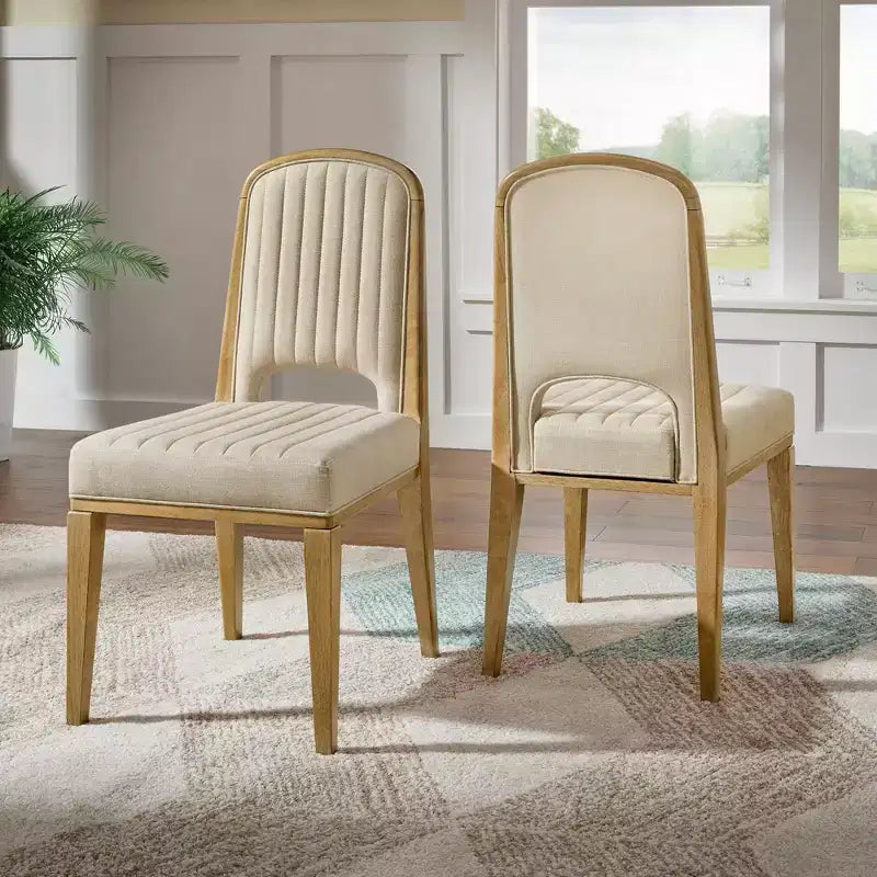 Chaise de salle à manger Fuske Wood Finish Cream Fabric Channel Stitching (Lot de 2) - iNSPIREQ