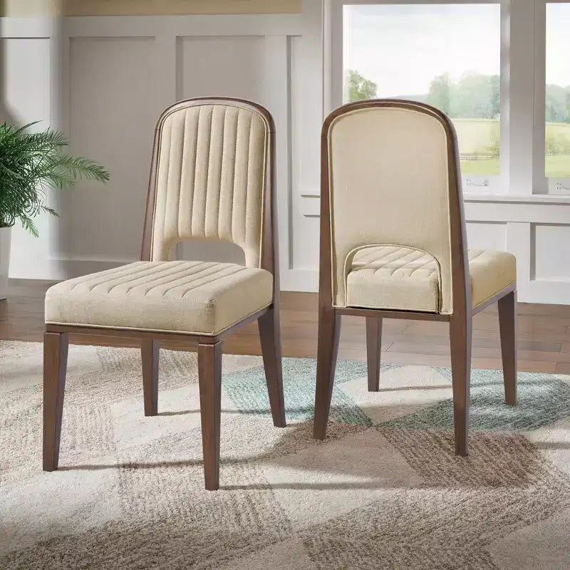 Chaise de salle à manger Fuske Wood Finish Cream Fabric Channel Stitching (Lot de 2) - iNSPIREQ