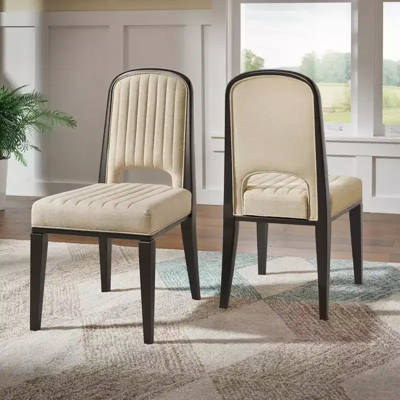 Chaise de salle à manger Fuske Wood Finish Cream Fabric Channel Stitching (Lot de 2) - iNSPIREQ