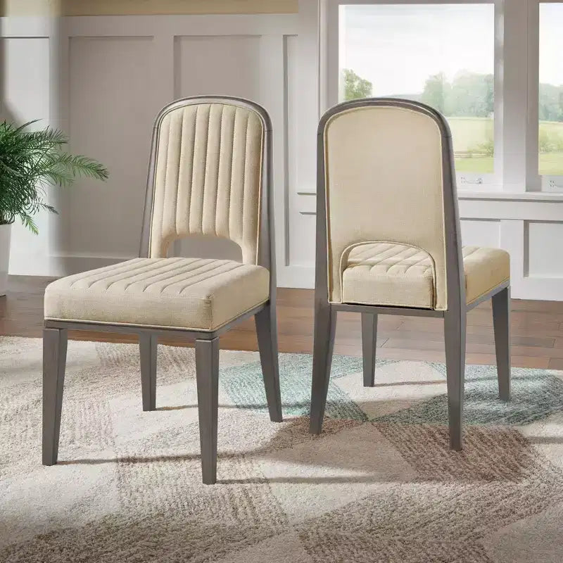 Chaise de salle à manger Fuske Wood Finish Cream Fabric Channel Stitching (Lot de 2) - iNSPIREQ