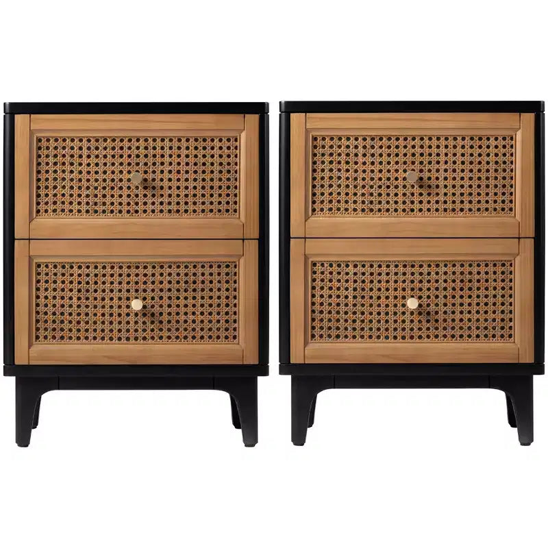 COZAYH Modern Farmhouse 2 Drawer Bedroom Nightstand, Bedside End Table with Single Compartment Storage and Weave Pattern Front, Black, Set of 2