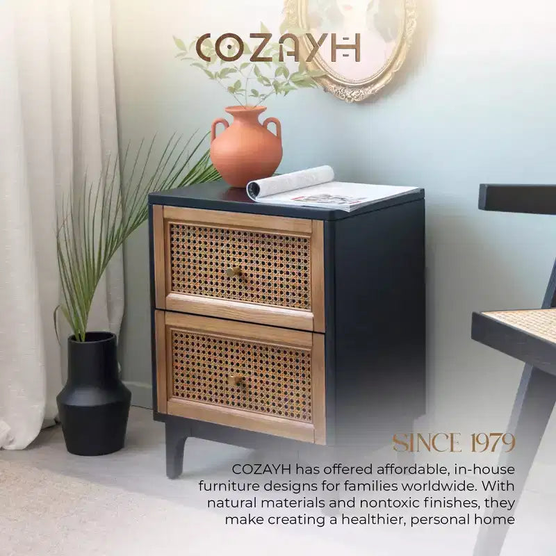 COZAYH Table de Chevet Moderne de Ferme à 2 Tiroirs, Table d'Appoint avec Compartiment de Rangement Simple et Façade à Motif Tressé, Noir, Lot de 2