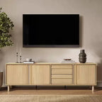 LuxenHome Meuble TV moderne 70,9 po pour téléviseurs jusqu'à 75 po, meuble console média avec tiroirs, brun chêne