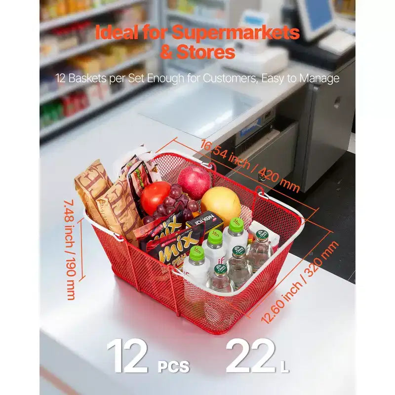 Paniers de courses VEVOR, 12 PCS, 22L, paniers d'épicerie empilables en métal avec poignées, structure en maille dense, supporte jusqu'à 20 kg, portables pour l'épicerie, rouges