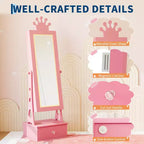 Armoire à bijoux pour enfants, Organisateur de bijoux sur pied avec miroir pleine longueur, 3 tiroirs de rangement, Coiffeuse de jeu pour enfants avec miroir et armoire à bijoux