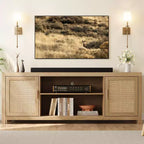 Meuble TV en rotin pour téléviseur 75 pouces, meuble de divertissement bohème avec étagères réglables, meuble TV et multimédia en chêne naturel à 2 niveaux de rangement pour salon chambre