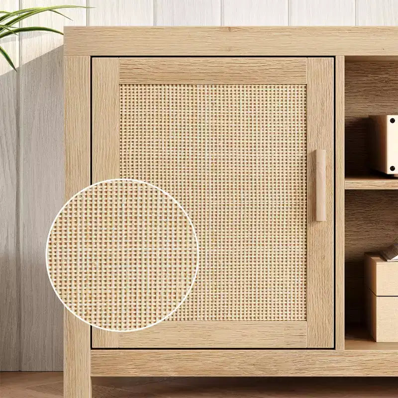 Meuble TV en rotin pour téléviseur 75 pouces, meuble de divertissement bohème avec étagères réglables, meuble TV et multimédia en chêne naturel à 2 niveaux de rangement pour salon chambre