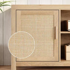 Meuble TV en rotin pour téléviseur 75 pouces, meuble de divertissement bohème avec étagères réglables, meuble TV et multimédia en chêne naturel à 2 niveaux de rangement pour salon chambre