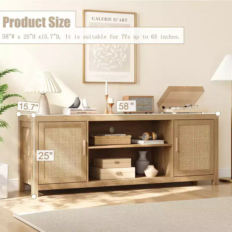 Meuble TV en rotin pour téléviseur 75 pouces, meuble de divertissement bohème avec étagères réglables, meuble TV et multimédia en chêne naturel à 2 niveaux de rangement pour salon chambre