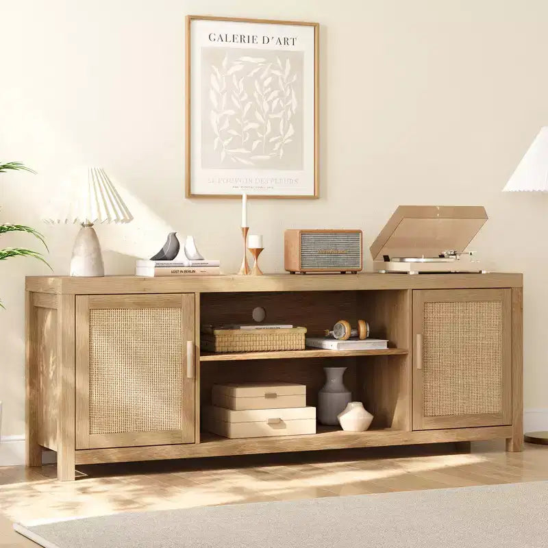 Meuble TV en rotin pour téléviseur 75 pouces, meuble de divertissement bohème avec étagères réglables, meuble TV et multimédia en chêne naturel à 2 niveaux de rangement pour salon chambre