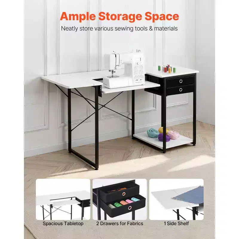 Table à coudre VEVOR, table de machine à coudre multifonctionnelle avec tiroirs, étagère latérale pliable, étagère réglable, pieds en acier, blanc
