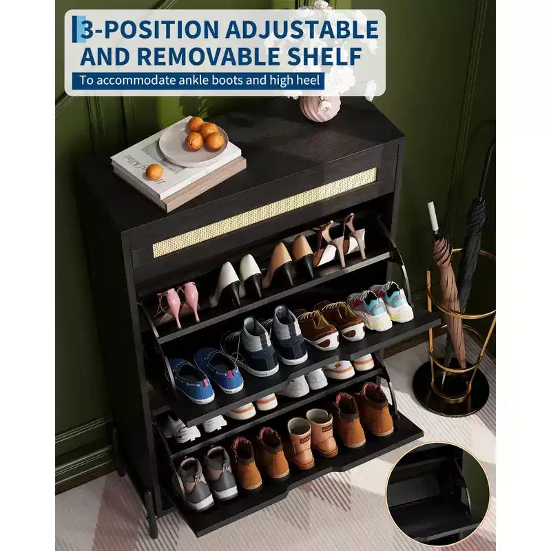 Meuble à chaussures en rotin Acekool, organisateur à 3 niveaux avec tiroirs et étagères réglables, rangement d'entrée peu encombrant