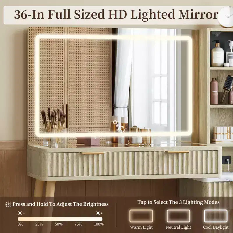 Coiffeuse de Maquillage avec Miroir Lumineux, Coiffeuse en Bois avec Tiroirs, Coiffeuse Moderne avec Miroir LED pour Maquillage et Rangement dans la Chambre
