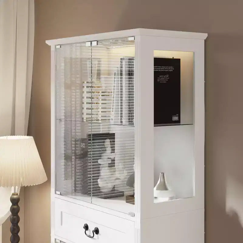 Hitow Bibliothèque Présentoir Autoportante avec Éclairage RGB 7 Couleurs + Portes/Étagères en Verre Transparent Grand Meuble de Rangement Bibliothèque avec Tiroir