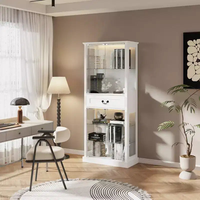Hitow Bibliothèque Présentoir Autoportante avec Éclairage RGB 7 Couleurs + Portes/Étagères en Verre Transparent Grand Meuble de Rangement Bibliothèque avec Tiroir