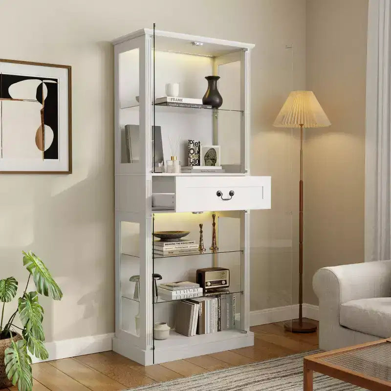 Hitow Bibliothèque Présentoir Autoportante avec Éclairage RGB 7 Couleurs + Portes/Étagères en Verre Transparent Grand Meuble de Rangement Bibliothèque avec Tiroir