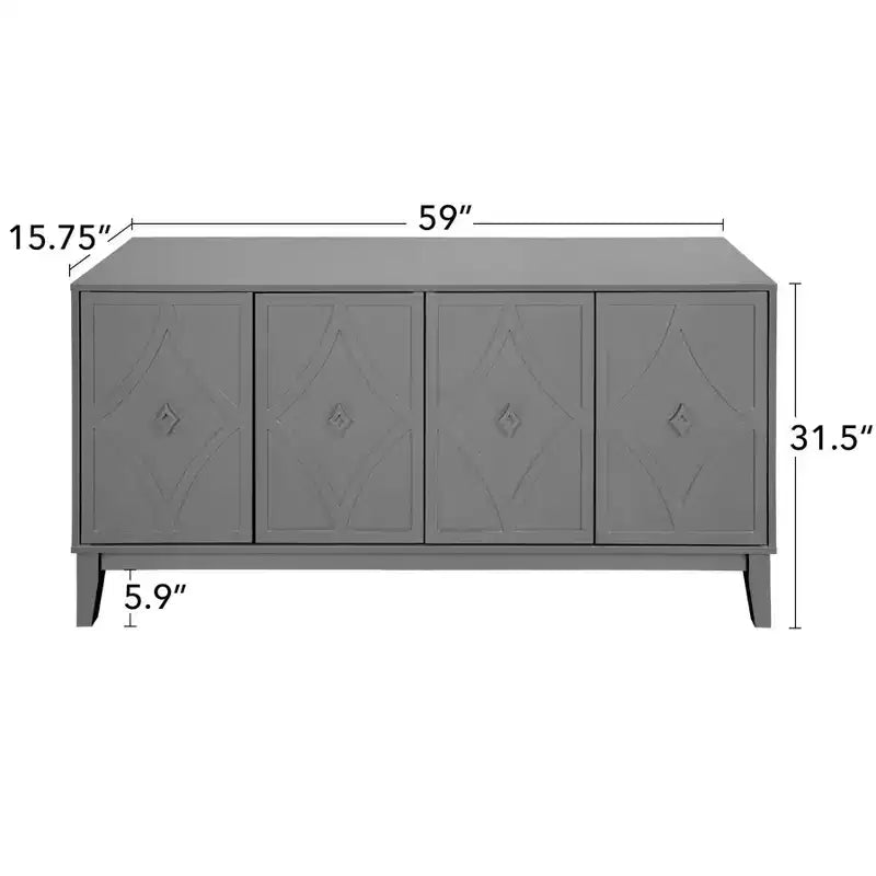 GDFStudio Surachai Buffet en bois moderne avec 4 portes géométriques sculptées à la main et étagères réglables