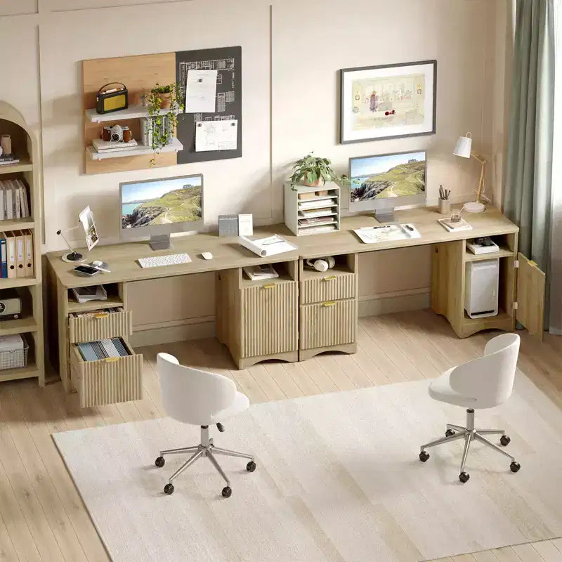 Bestier 59Bureau de Direction Moderne avec Rangement,Bureau d'Ordinateur en Bois avec 2 Tiroirs et 3 Armoires,Bureau d'Écriture Cannelé pour Étude et Salon