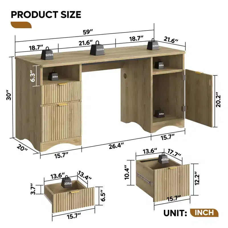 Bestier 59Bureau de Direction Moderne avec Rangement,Bureau d'Ordinateur en Bois avec 2 Tiroirs et 3 Armoires,Bureau d'Écriture Cannelé pour Étude et Salon