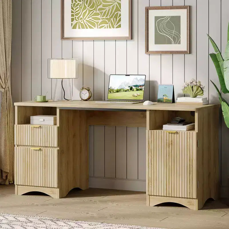 Bestier 59Bureau de Direction Moderne avec Rangement,Bureau d'Ordinateur en Bois avec 2 Tiroirs et 3 Armoires,Bureau d'Écriture Cannelé pour Étude et Salon