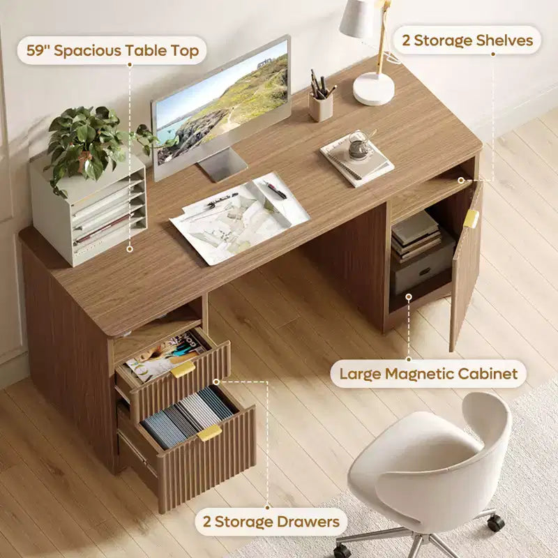 Bestier 59Bureau de Direction Moderne avec Rangement,Bureau d'Ordinateur en Bois avec 2 Tiroirs et 3 Armoires,Bureau d'Écriture Cannelé pour Étude et Salon