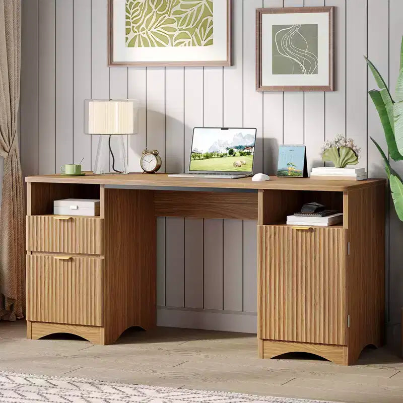 Bestier 59Bureau de Direction Moderne avec Rangement,Bureau d'Ordinateur en Bois avec 2 Tiroirs et 3 Armoires,Bureau d'Écriture Cannelé pour Étude et Salon