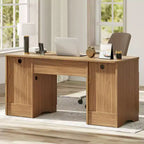 Bestier 59Bureau de Direction Moderne avec Rangement,Bureau d'Ordinateur en Bois avec 2 Tiroirs et 3 Armoires,Bureau d'Écriture Cannelé pour Étude et Salon