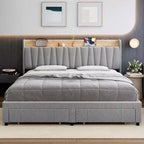 Cadre de lit rembourré King Size, Lit plateforme avec tête de lit de rangement, Tiroirs de rangement, Robuste, Pas besoin de sommier tapissier, Facile à monter, Gris