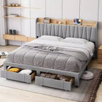Cadre de lit rembourré King Size, Lit plateforme avec tête de lit de rangement, Tiroirs de rangement, Robuste, Pas besoin de sommier tapissier, Facile à monter, Gris
