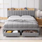Cadre de lit rembourré King Size, Lit plateforme avec tête de lit de rangement, Tiroirs de rangement, Robuste, Pas besoin de sommier tapissier, Facile à monter, Gris