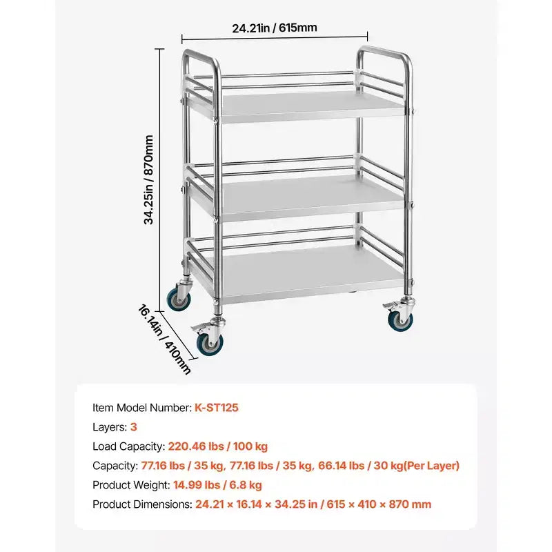 VEVOR Chariot de service en acier inoxydable à 3 niveaux avec roues verrouillables, chariot de service médical pour clinique, argent