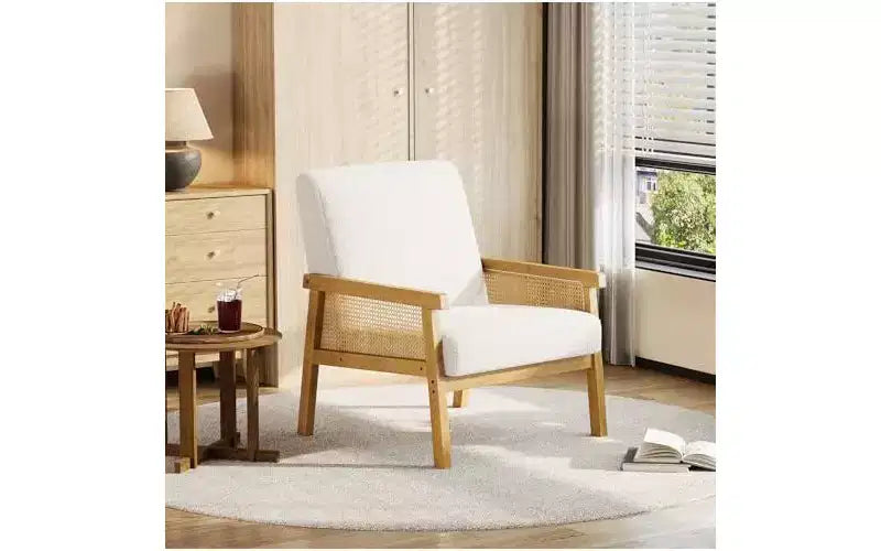 Fauteuil d'appoint en cuir PU GustoWave - Fauteuil en rotin avec accoudoirs et pieds en bois, chaise de lecture rembourrée pour salon/chambre/salle de lecture