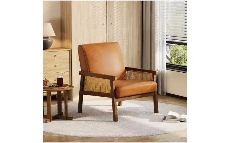 Fauteuil d'appoint en cuir PU GustoWave - Fauteuil en rotin avec accoudoirs et pieds en bois, chaise de lecture rembourrée pour salon/chambre/salle de lecture