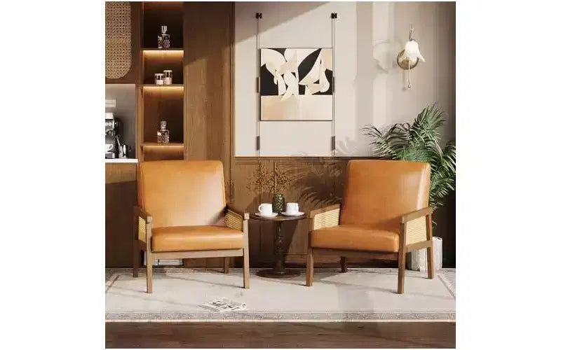 Fauteuil d'appoint en cuir PU GustoWave - Fauteuil en rotin avec accoudoirs et pieds en bois, chaise de lecture rembourrée pour salon/chambre/salle de lecture