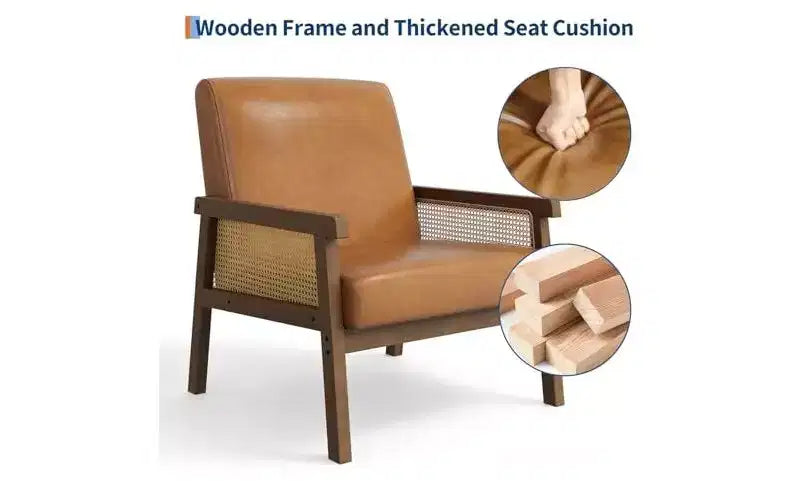 Fauteuil d'appoint en cuir PU GustoWave - Fauteuil en rotin avec accoudoirs et pieds en bois, chaise de lecture rembourrée pour salon/chambre/salle de lecture