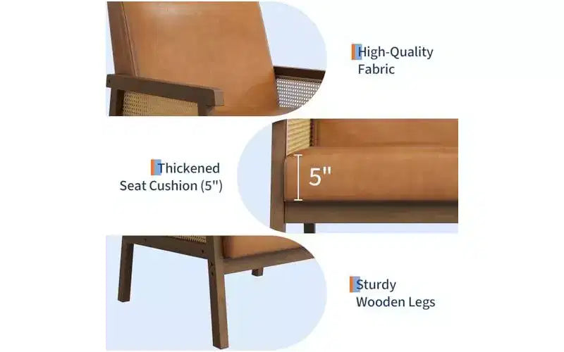 Fauteuil d'appoint en cuir PU GustoWave - Fauteuil en rotin avec accoudoirs et pieds en bois, chaise de lecture rembourrée pour salon/chambre/salle de lecture