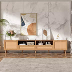 Meuble TV en rotin pour téléviseurs jusqu'à 90 pouces, meuble console média de style bohème et rustique avec armoires de rangement, meuble de divertissement pour salon-Panipeachy