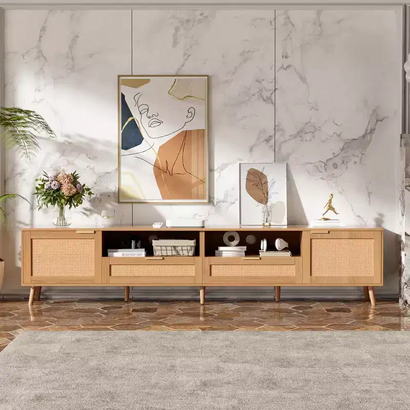 Meuble TV en rotin pour téléviseurs jusqu'à 90 pouces, meuble console média de style bohème et rustique avec armoires de rangement, meuble de divertissement pour salon-Panipeachy