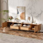 Meuble TV en rotin pour téléviseurs jusqu'à 90 pouces, meuble console média de style bohème et rustique avec armoires de rangement, meuble de divertissement pour salon-Panipeachy