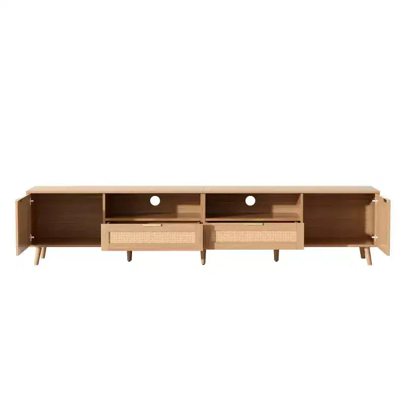 Meuble TV en rotin pour téléviseurs jusqu'à 90 pouces, meuble console média de style bohème et rustique avec armoires de rangement, meuble de divertissement pour salon-Panipeachy