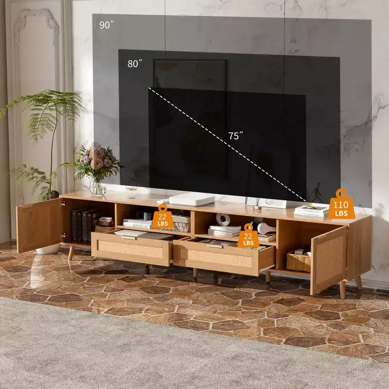 Meuble TV en rotin pour téléviseurs jusqu'à 90 pouces, meuble console média de style bohème et rustique avec armoires de rangement, meuble de divertissement pour salon-Panipeachy
