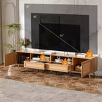 Meuble TV en rotin pour téléviseurs jusqu'à 90 pouces, meuble console média de style bohème et rustique avec armoires de rangement, meuble de divertissement pour salon-Panipeachy