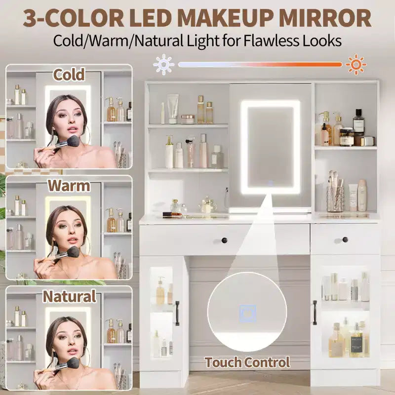 Coiffeuse avec miroir coulissant, 7 tiroirs, 6 étagères de rangement, meuble de maquillage moderne, montage facile, pour la maison, le salon
