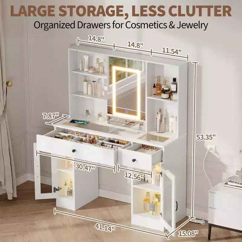 Coiffeuse avec miroir coulissant, 7 tiroirs, 6 étagères de rangement, meuble de maquillage moderne, montage facile, pour la maison, le salon
