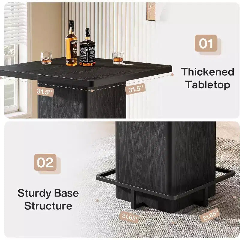 Table de bar carrée Lantine, table de bistrot/pub haute de 99,99 cm en bois avec repose-pieds en métal pour salle à manger, café, cocktail, salon, petits espaces