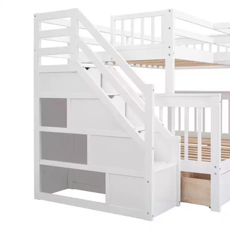 Lit superposé en L Luxystar avec trois couchages (deux lits superposés jumeaux et un lit double), tiroirs, bureau, étagères et armoire