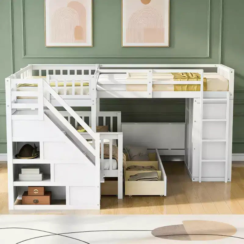 Lit superposé en L Luxystar avec trois couchages (deux lits superposés jumeaux et un lit double), tiroirs, bureau, étagères et armoire